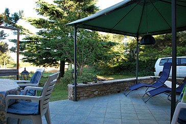 Ferienhaus in St. Julien de Peyrolas - Blick von der Terrasse auf unsere grosse Fichte