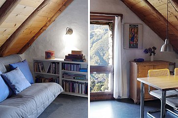 Ferienwohnung in Lionza-Borgnone - Wohnbereich mit Bettsofa und Sicht ins Tal