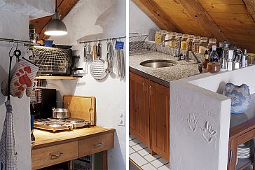 Ferienwohnung in Lionza-Borgnone - Küche mit zwei Herdplatten und Ofen