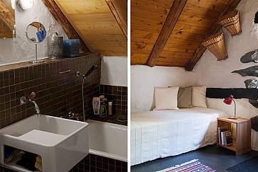 Ferienwohnung in Lionza-Borgnone - Badezimmer, Doppelbett im Schlafzimmer