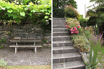 Ferienwohnung in Lionza-Borgnone - Aufgang zum Haus, Granittisch unter der Pergola